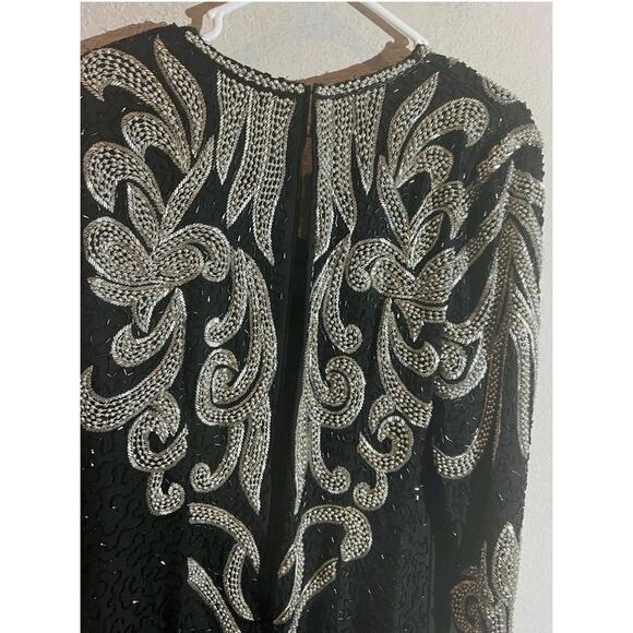 VTG Wayne Clark Silk Gown Evening Dress Womens Size L Black Silver Beaded 90s - Picture 6 of 12